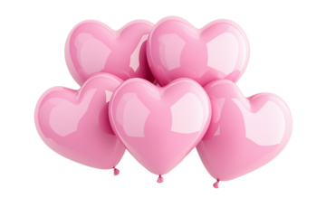 A cluster of shiny pink heart-shaped balloons floating against white transparent background, symbolizing love and celebration of Valentine Day