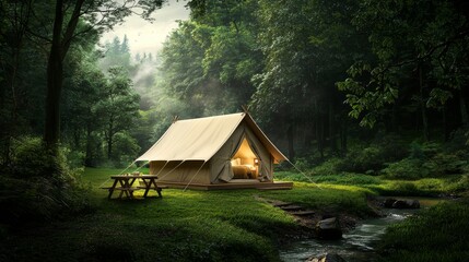 Camping adventure amidst lush green forest cozy tent setup nature photography tranquil environment serene viewpoint