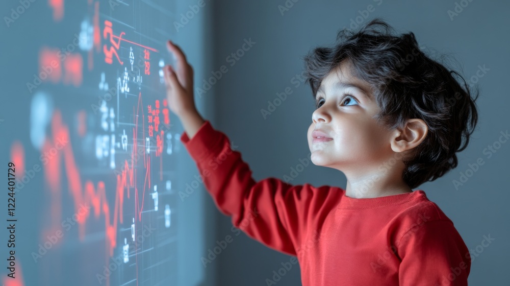Poster engaging edtech experience indian boy interacts with ai-enhanced smartboard for interactive learning