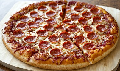 Sliced pepperoni pizza on wooden cutting board