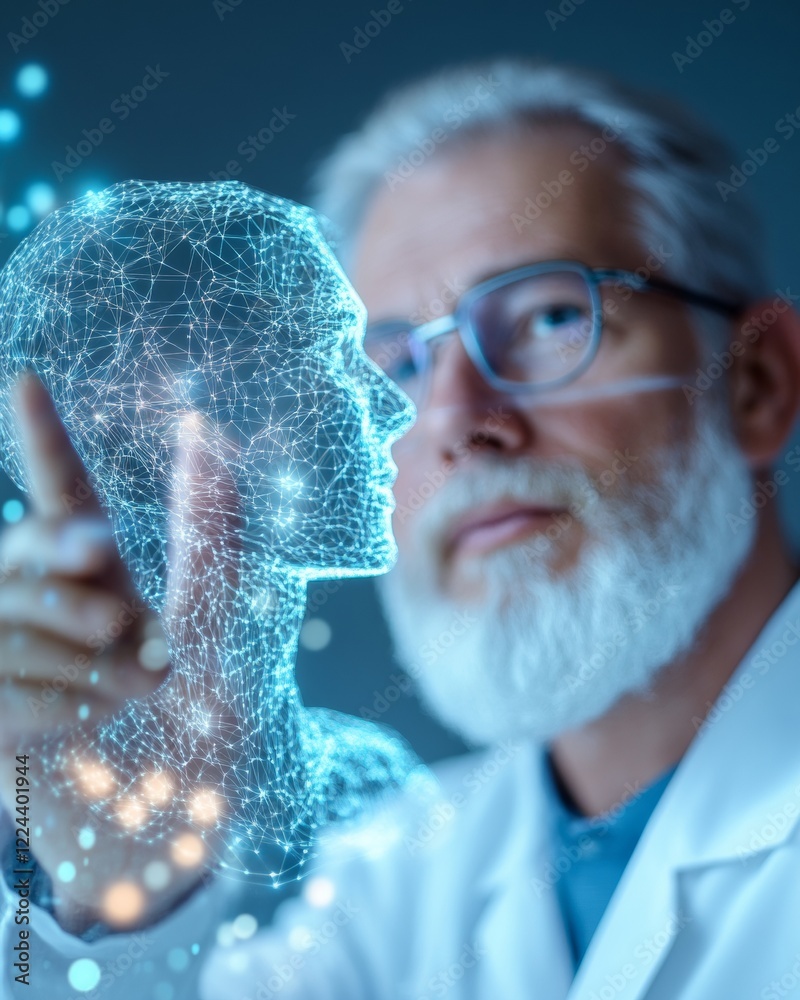 Aufkleber futuristic ai showcase senior male scientist in high-tech lab with digital holograph - leading innov