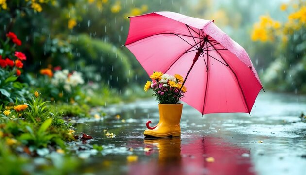 A striking pink umbrella and yellow rubber boots pop against a rainy backdrop, embodying the spirit of springtime showers