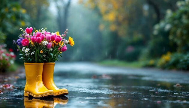 Vivid yellow rubber boots on a rainy day, representing the delight of April showers during spring