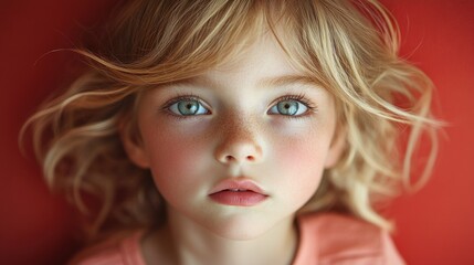 Naklejka premium Emotional Portrait of Asian Child Puckering Lips with Closed Eyes Against Red Background