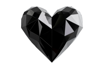 Geometric black heart with gold accents, angular patterns and smooth finish isolated on white transparent background. Concept of modern design and love