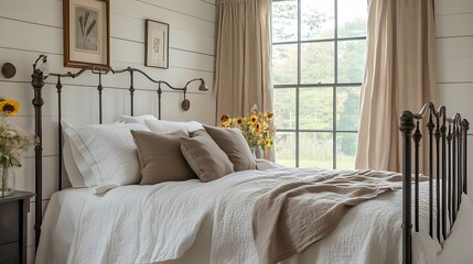 A modern farmhouse bedroom with shiplap walls, linen bedding, and an iron bed frame.