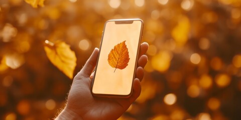 Eco-Chic Smartphone Display with Autumn Leaf Innovative Handheld Device for Environmental Monitoring in Digital Wellness and Sustainable Tech Industry