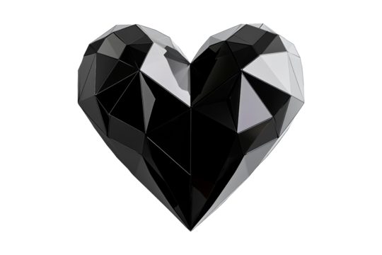 Geometric black heart with gold accents, angular patterns and smooth finish isolated on white transparent background. Concept of modern design and love