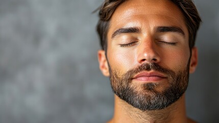 Obraz premium Serene Young Man with Facial Mask, Close-up Portrait Showing Relaxed and Peaceful Expression