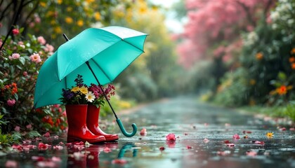 An image of a rainy day highlighting a yellow umbrella and red rubber boots, showcasing the charm of spring's April showers