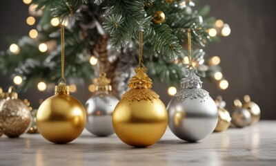 Gold and silver metallic Christmas tree ornaments, metallic, festive