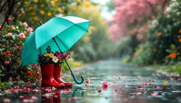 An image of a rainy day highlighting a yellow umbrella and red rubber boots, showcasing the charm of spring's April showers