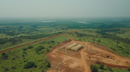 Contemporary energy substation surrounded by lush greenery under a bright blue sky