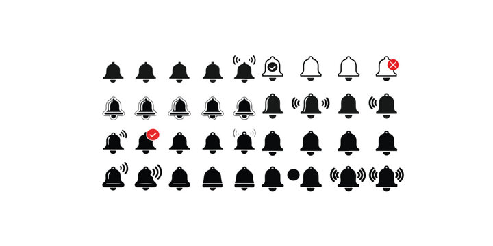 Print Notification icons, bell icon alert symbols, sound alert icons, notification badges, alert notifications, bell vector with badge, sound wave icons, alert ringing bells icon set
