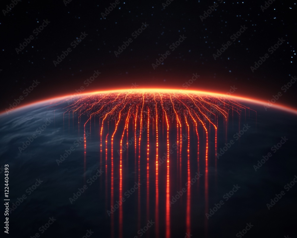 Poster Futuristic Digital Horizon Neon Data Streams Over Global Landscape for Tech Innovation and AI Application Virtual Reality Interface and Smart City Development