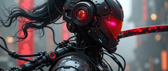 Fototapeta premium Futuristic humanoid robot with sleek design and glowing features stands against a textured background