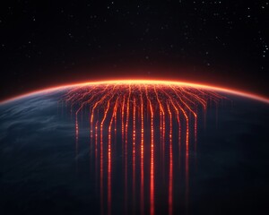 Futuristic Digital Horizon Neon Data Streams Over Global Landscape for Tech Innovation and AI Application Virtual Reality Interface and Smart City Development