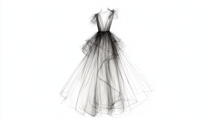 Elegant black tulle gown sketch, layered skirt, V-neck, sleeveless.