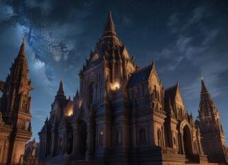 Grandiose temple complex with towering spires and intricate carvings under a starry night sky , sky, night, carving