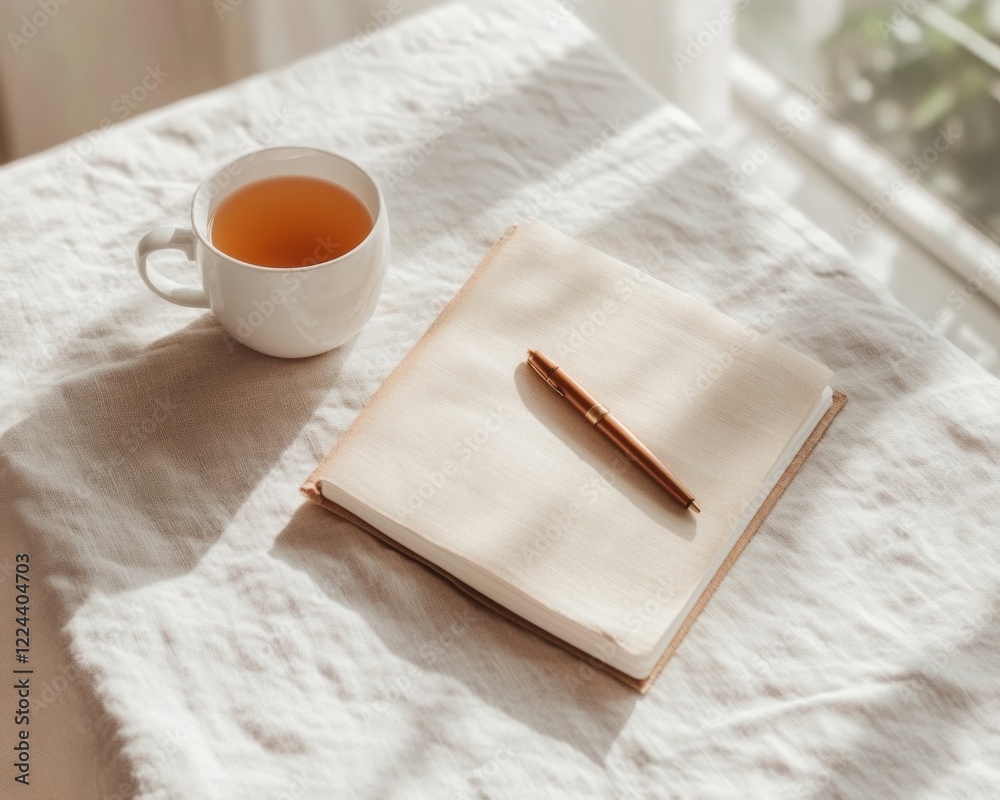 Poster contemporary cozy workspace minimalist linen cover notebook with pen and tea - enhancing productivit