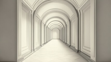 Fototapeta premium Elegant long hallway with arched ceilings and white walls.