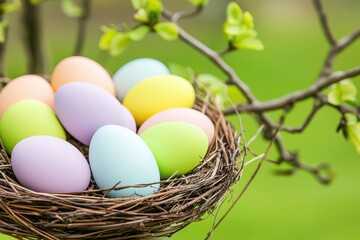 Obraz premium Bird Nest with Eggs A small bird nest resting on a tree branch, containing pastel-colored eggs