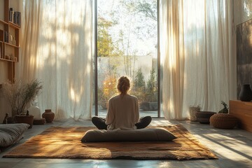 Relaxed Middle-Aged Woman Sitting on Rug in Serene Indoor Space with Natural Light