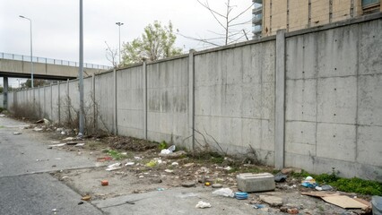 Grey concrete wall with scattered urban debris, cityscape, discarded, peeling paint
