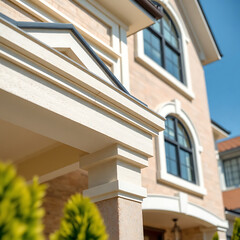 Fototapeta premium Elegant Home Exterior: Modern Architecture and Classic Design. Luxury Real Estate, Brick Facade, and Stylish Porch Columns. High-end Residential Property.