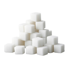 A close up image shows a triangular pile of numerous white sugar cubes against a black background.