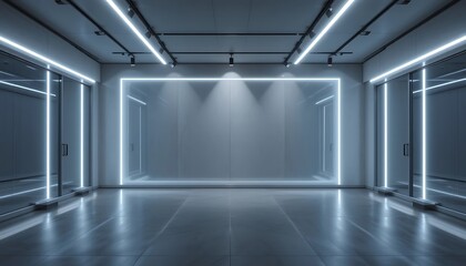 Fototapeta premium Modern minimalist room with bright neon lighting and glass doors