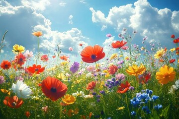 Obraz premium Vibrant Wildflower Meadow in Spring with Colorful Blossoms and Blue Sky