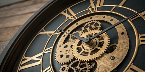 Obraz premium Antique Golden Clock Cogs Double Exposure - Close-up 3D Render of Vintage Timepiece