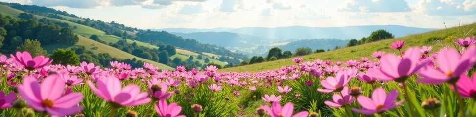 Fototapeta premium A blanket of soft pink cosmos covers the rolling hills and valleys of a countryside landscape, wildflowers, nature scene, cosmos field