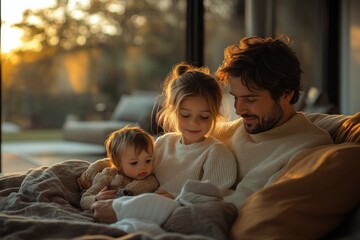 Obraz premium Relaxing Family of Four in Cozy Living Room