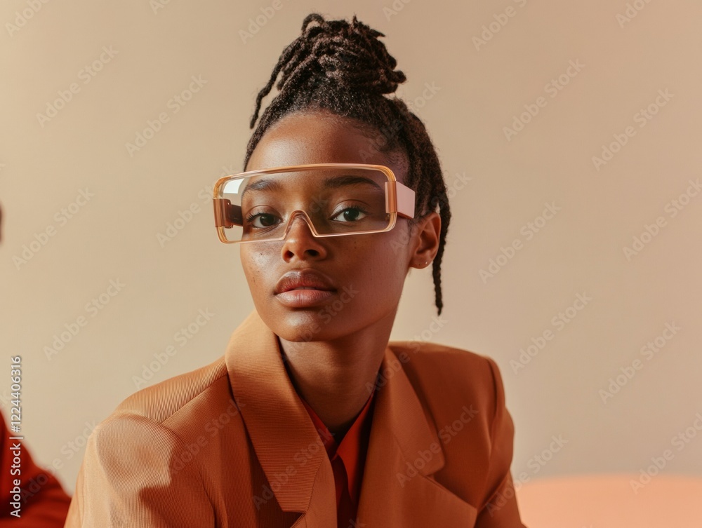 Poster Futuristic XR Collaboration Afrocentric Young Professional in Smart Glasses Innovating Virtual Design - Tech-Driven Workspace Efficiency and Diverse Modern Teamwork