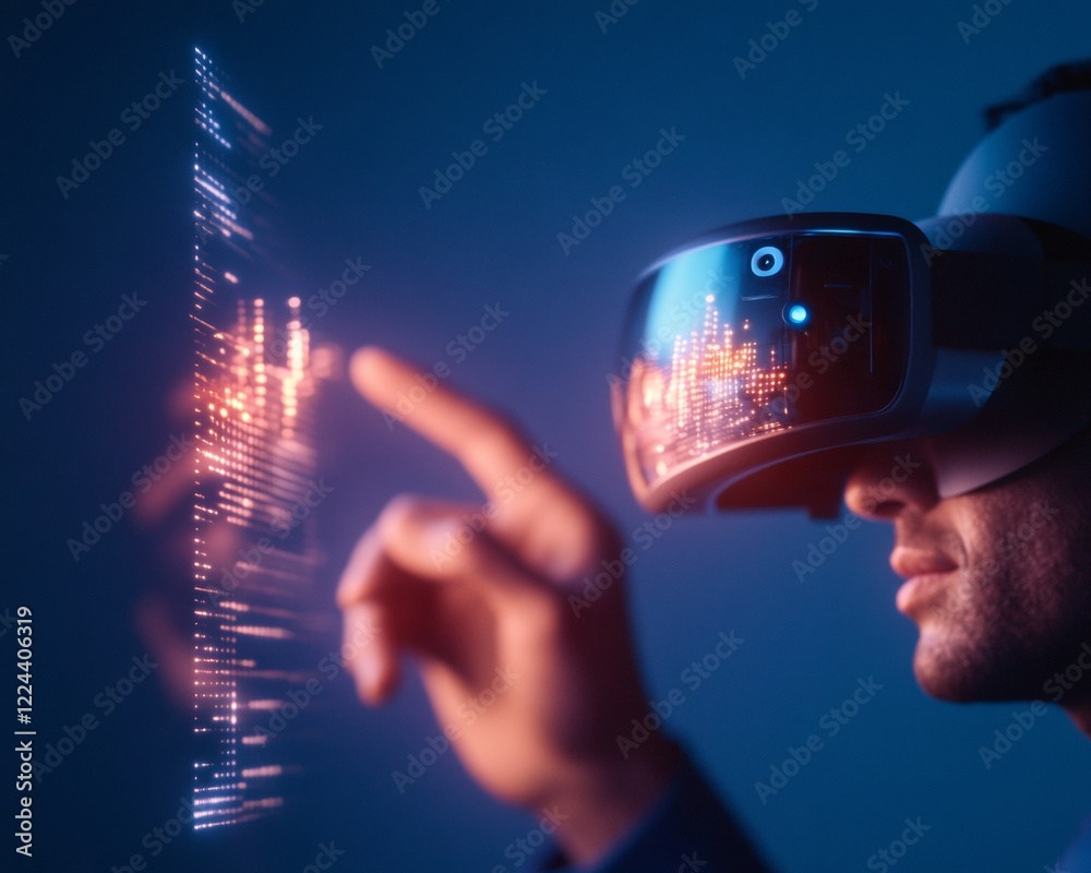 Fototapete Futuristic Interactive XR Interface Close-up of a Professional using VR Setup in a Blue Ambient Light - Cutting-edge Tech Solutions for Enhanced Remote Corporate Collaboration