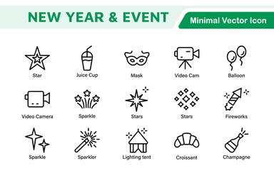 New Year and Celebration Icon Set. A festive collection of vibrant icons designed to enhance celebrations, perfect for party invitations, event promotions, and holiday-themed projects.