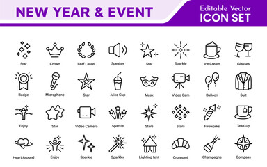 New Year and Celebration Icon Set. A festive collection of vibrant icons designed to enhance celebrations, perfect for party invitations, event promotions, and holiday-themed projects.