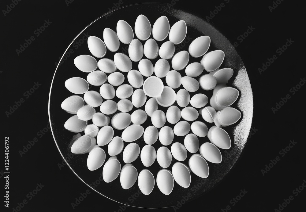 Poster white oval objects arranged on a dark plate.