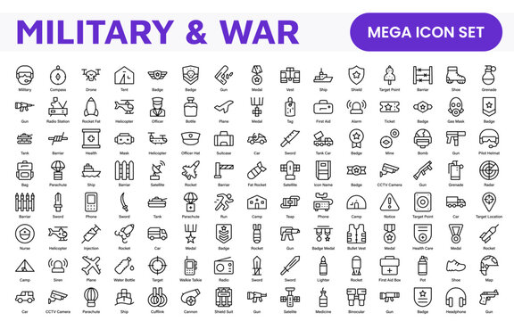 Military and War Icon Set. A powerful collection of icons representing defense and combat themes, perfect for enhancing educational materials, military websites, and historical projects.