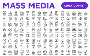 Mass media outline vector icons large set isolated on white background. media business concept. Media outline icons set.