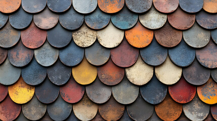 Colorful ceramic roof tiles, overlapping pattern, exterior wall texture, background for design