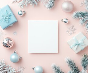 A blank card surrounded by festive ornaments and gifts.
