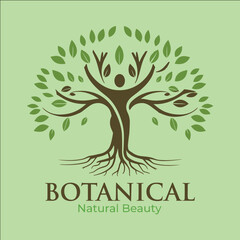 Obraz premium A tree with a person in the middle of it. The tree is green and has leaves. The tree is surrounded by leaves and branches