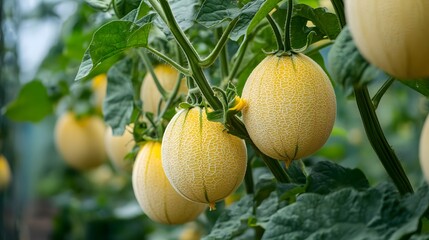 Canary melon tree with a bunch of growing mature Canary melon