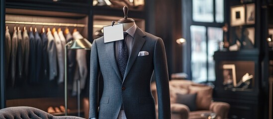Fototapeta premium Elegant suit on display in a sophisticated room with a blank tag, wardrobe behind