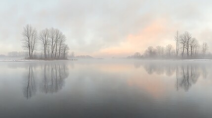 A peaceful morning view of mist rolling over a calm lake, with soft pastel colors in the sky.