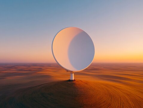 Modern Desert Aesthetic Satellite Dish on Sand Dunes at Sunset - High-Tech Environmental Monitoring and Climate Data Collection for Sustainable Business Solutions