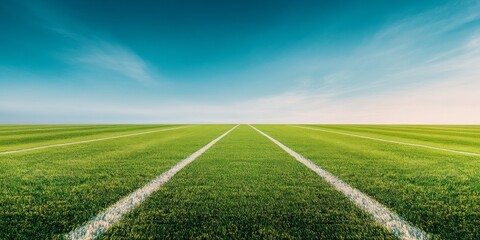 Obraz premium Wide Angle Aesthetic Expansive Green Cricket Field with Boundary Lines - Eco-Friendly Sports Design and Marketing for Modern Athletic Venues and Sustainable Fan Engagement